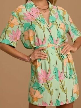 Lulus. Totally Tropical Light Green Floral Print Button-Up Shirt Dress  M